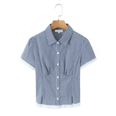 Plaid Short Sleeve Lapel Collar Top