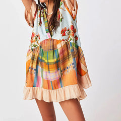 Floral Print Short Sleeve V-Neck Ruffled Hem Loose Mini Dress with Pockets