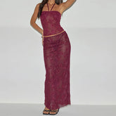 Red Sequin Sheer Maxi Skirt And Halter Crop Top Set