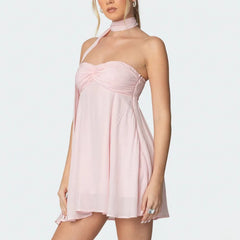 Pink Bandeau Scarf Mini Dress - Floral A-Line