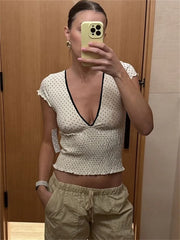 White V-Neck Printed Short Sleeve Top - Regular Fit