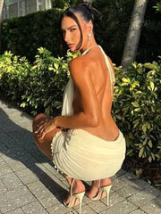 Tassel Halter Pleated Open Back Mini Dress