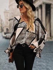 Leopard Print V neck Cuff Tie Blouse