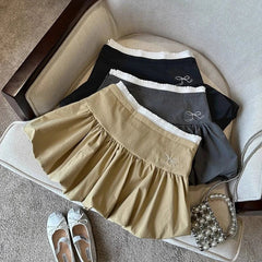 Bow Patchwork Pleated Mini Skirt