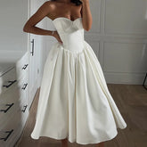 White Strapless Lace Up Midi Dress