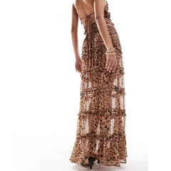 Leopard Sheer Halter Neck Backless Ruffled Tank Top+Drawstring Waist Long Skirt Set