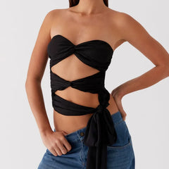 Edgy Strapless Cutout Crop Top - Contemporary Tie-Detail Bandeau
