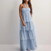 Strapless Tiered Hem Tube Tie Up Maxi Dress