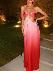 Red Ombré Low Cut Maxi Dress - A-Line Slim Fit