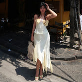 Beige Floral Frill Halter Midi Dress