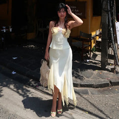 Beige Floral Frill Halter Midi Dress