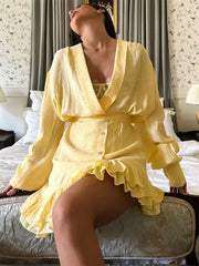 Yellow Ruffled V-Neck Mini Dress