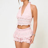 Lace Tie-Up Halter Neck Top & Elastic Waist Mini Skort Set - Sweet Style