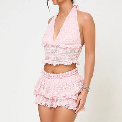 Lace Tie-Up Halter Neck Top & Elastic Waist Mini Skort Set - Sweet Style