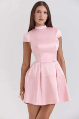 Pink Satin O Neck Cut Back Mini Dress