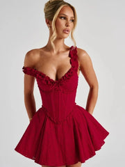 Red Off Sholder Ruffles Mini Dress