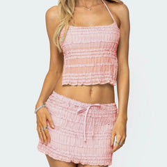 Halter Tiered Tank Top & Lace Mini Skirt Set - Slim Fit
