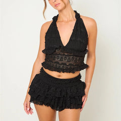 Lace Tie-Up Halter Neck Top & Elastic Waist Mini Skort Set - Sweet Style