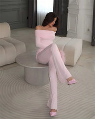 Long Sleeve Off-Shoulder Top And Ruched Pants Set