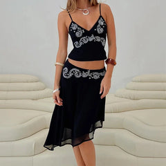 Printed V-Neck Cami & Skirt Set �Ruffle Midi Look