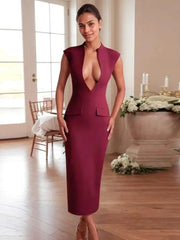 Deep Neck Short Sleeve Solid Midi Dress