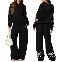 Bow Print Loose Fit Hoodie & Tracksuit Set - Women's Basics