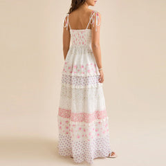 Whimsical Floral Patchwork Tiered Maxi Dress - Spaghetti Strap Summer Gown