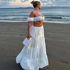 Flower Puff Sleeve Ruffles Crop Top And Maxi Skirt Set