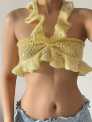 Yellow Crochet Ruffles Halter Crop Top