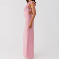 Ruffle Trim V Neck Maxi Dress