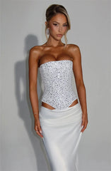 Sequins Scarf Collar Lace Up Corset Top And Satin Maxi Skirt