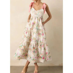 Wide Shoulder Straps Floral Print Long Dress