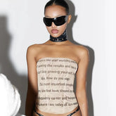 Letter Printed Mesh Strapless Crop Top - High Stretch Tank