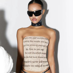 Letter Printed Mesh Strapless Crop Top - High Stretch Tank