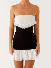 Black Strapless Patchwork Ruffle Hem Mini Dress - A-Line Fit