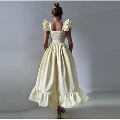 Ruffles Striped Square Collar Buttoned Long Dress