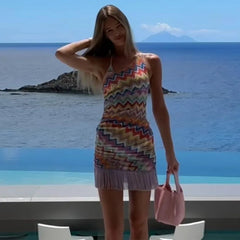 Rainbow Stripe Fringe Halter Beach Mini Dress