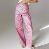 Metallic High Waist Denim Straight Leg Pants