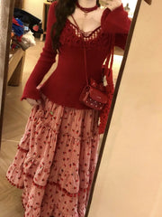 Red Strawberry Print Tassel Long Skirt - Sweet Ball Gown A-Line