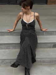 Black Polka Dot Lace Scarf Tie Up Wasit Maxi Dress