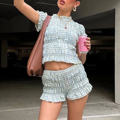 Elastic Plaid Ruched Crop Top And Shorts Set