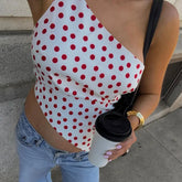 Irregular Hem Polka Dot One Shoulder Backless Tie Up Top
