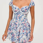 Blue Printed Short Sleeve Bustier Mini Dress