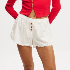 Lace Trim Plaid/Stripe Elastic Short Pants