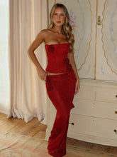 Red Flower 3d Tube Top And Maxi Skirt Two Piece Set