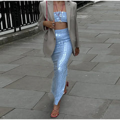 Blue Sequin Tube Top And Maxi Skirt