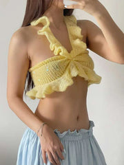 Yellow Crochet Ruffles Halter Crop Top