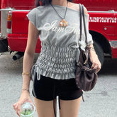 Ruched Drawstring Letter Print Grey Graphic Tee