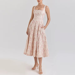 Pink Floral Print Lace Up Square Neck Midi Dress