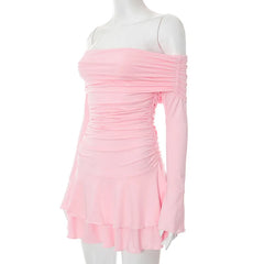 Long Sleeve Off-shoulder Ruched Frill Mini Dress